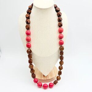C1946 Wood Bead Necklace Pink Coral Statement Chunky Necklace